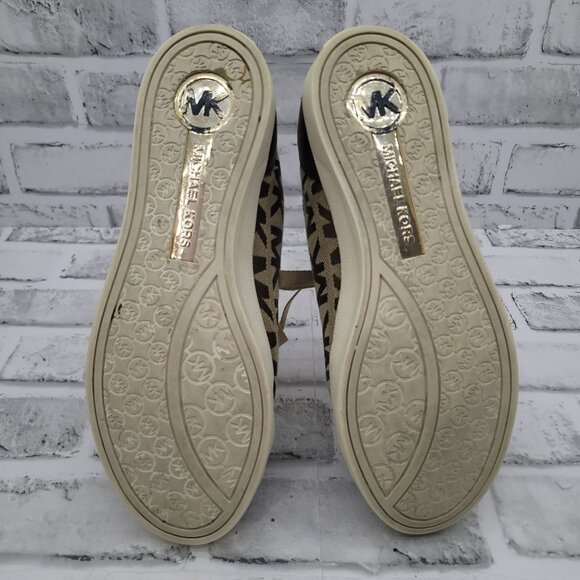 MK Michael Kors Logo Sneakers Brown Tan Canvas Leather Cap Toe Size 6.5 - Picture 6 of 10